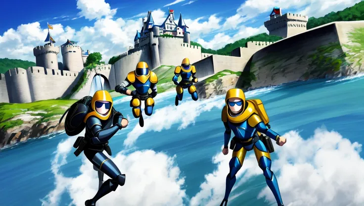 (anime:1), group of (1 knight:1) (1 man:1) (1 woman:1) (1 Frogman:1) (1 soldier:1) invading castle (howlbgs:1) (scenery:1) (crazy eyes:1) <lora:howlsMovingCastleInterior_v1:1> <lora:crazyExpressions:1>