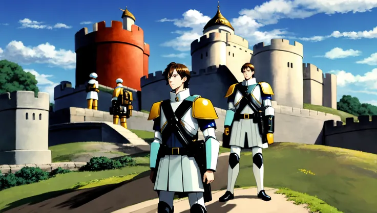 low angle (anime:1), group of (SpaceWar:0.2) soldiers standing in front of castle (howlbgs:1) (scenery:1) (crazy eyes:1) <lora:SpacewarV15-256:0.2> <lora:howlsMovingCastleInterior_v1:1> <lora:crazyExpressions:1>