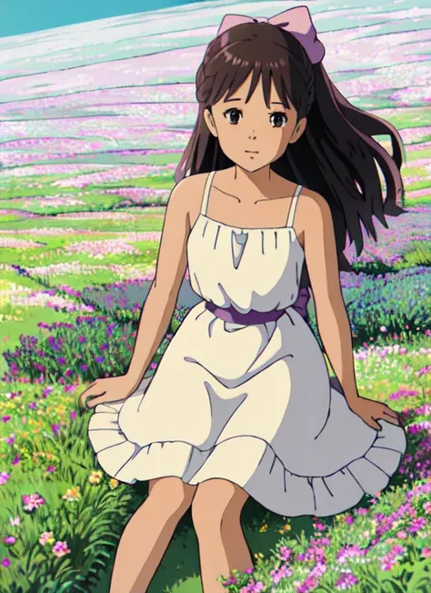 <lora:ANIME_STYLE_SHOW_HowlsMoving_Environment_v1:0.8>, <lora:ANIME_STYLE_SHOW_studioGhibli_v1:0.6>, landscape, flowery field, 64K, f1.2, 800mm, UHD, dynamic lighting, 1girl, brown eyes, bow-shaped hair, tan skin, Lavender hair, full body