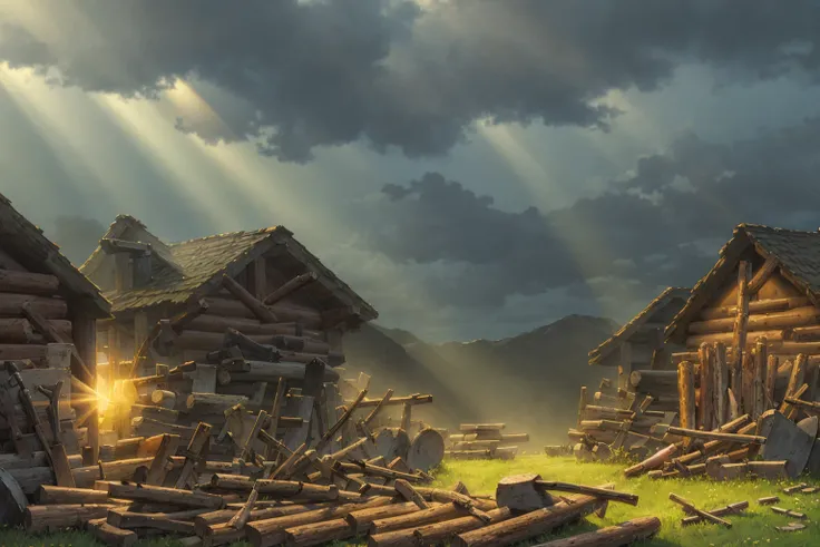 howlbgs, wood, axe, logs, cloudy sky, sunrays <lora:howlsMovingCastleInterior_v2Fixed:1>