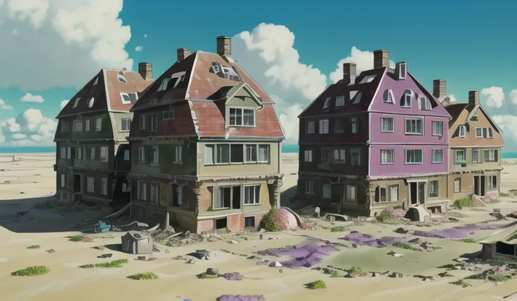 howlbgs, scenery, anime screencap, sea of decay, birdseye view,  (post-apocalyptic:1.4), (houses reclaimed by nature:1.5), (buildings buried under sand:1.4), (spikey spores:1.4), (air pollen:1.5), (dust balls:1.1), (dead purple trees), (debris:1.4), high winds, cumulonimbus clouds, cirrus clouds, <lora:howlsMovingCastleInterior_v1:0.5>, <lora:studioGhibliStyle_offset:1>, thick outlines, sharp outlines, ghibli style, extreme detail, 8K, UHD, Fujifilm X3, filmgrain