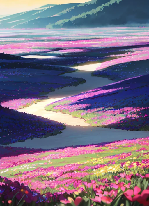 <lora:ANIME_STYLE_SHOW_HowlsMoving_Environment_v1:0.8>, flowery landscape, 64K, f1.2, 800mm, UHD, dynamic lighting