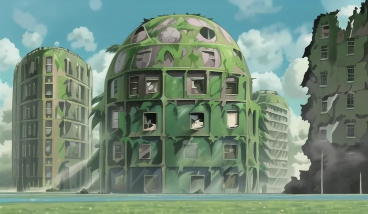 howlbgs, scenery, 1girl nausicaa, anime screencap, sea of decay, Wind, (crumbling buildings:1.2), (alien plants:1.3), (dust balls:1.5), (thick pollen:1.4), debris, high winds, cumulonimbus clouds, cirrus clouds, <lora:howlsMovingCastleInterior_v1:0.5>, (giant warrior skeleton:1.4), <lora:studioGhibliStyle_offset:1>, thick outlines, sharp outlines, ghibli style