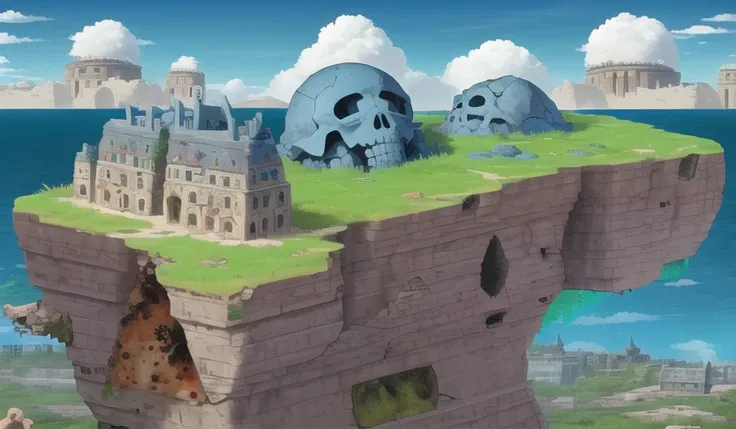 howlbgs, scenery, anime screencap, nausicaa, sea of decay, horizon view, (crumbled giant warrior skull:1.3), (resin terrain:1.2), (houses reclaimed by color fungus:1.3), (buildings buried under sand:1.1), (spores:1.5), (fluffy bushes:1.1), (debris:1.6), high winds, cumulonimbus clouds, cirrus clouds, thick outlines, sharp outlines, 8K, UHD, Fujifilm X3, <lora:howlsMovingCastleInterior_v1:0.3>