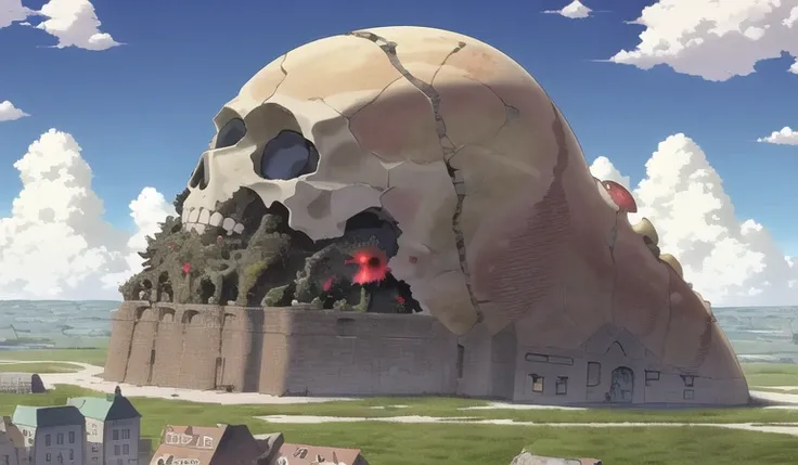 howlbgs, scenery, anime screencap, nausicaa, sea of decay, horizon view, (crumbled giant warrior skull:1.3), (resin terrain:1.2), (houses reclaimed by color fungus:1.3), (buildings buried under sand:1.1), (spores:1.5), (fluffy bushes:1.1), (debris:1.6), high winds, cumulonimbus clouds, cirrus clouds, thick outlines, sharp outlines, 8K, UHD, Fujifilm X3, <lora:howlsMovingCastleInterior_v1:0.3>