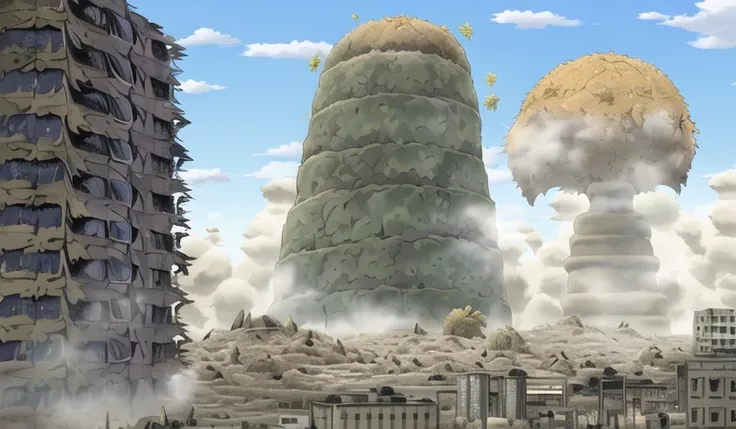 howlbgs, scenery, anime screencap, wasteland of decay, Wind, (crumbling buildings:1.2), (alien plants:1.3), (dust balls:1.5), (thick pollen:1.4), debris, high winds, cumulonimbus clouds, cirrus clouds, <lora:howlsMovingCastleInterior_v1:0.5>, (giant warrior skeleton:1.4), 1girl nausicaa, closeup,