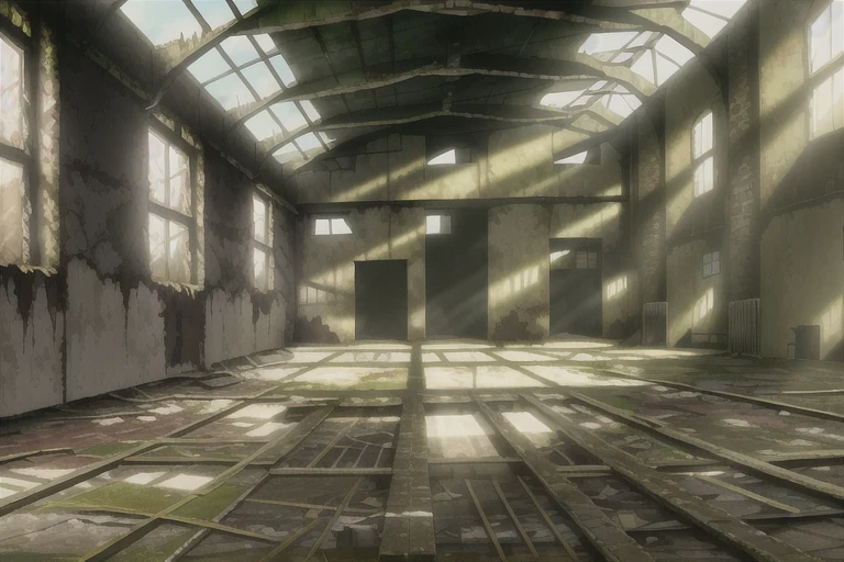 howlbgs, abandoned warehouse, inside, sunlit, messy, <lora:howlsMovingCastleInterior_v1:1>