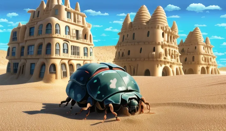 howlbgs, scenery, anime screencap, nausicaa, sea of decay, birdseye view, (giant fantasy pillbug:1.5), (rough terrain:1.2), (houses reclaimed by color fungus:1.5), (buildings buried under sand:1.7), (spores:1.6), (ash rain:1.4), (fluffy bushes:1.1), (debris:1.6), high winds, cumulonimbus clouds, cirrus clouds, thick outlines, sharp outlines, 8K, UHD, Fujifilm X3, filmgrain, <lora:howlsMovingCastleInterior_v1:0.3>