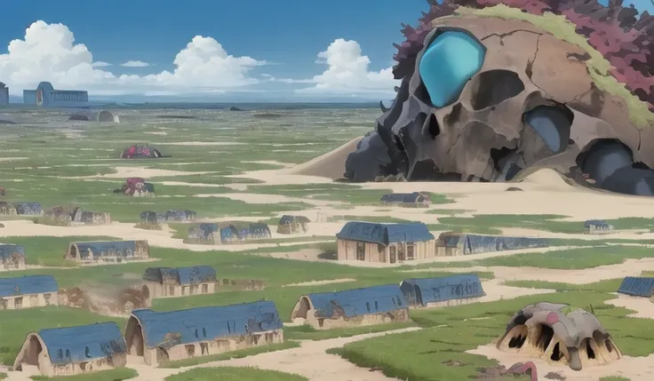 howlbgs, scenery, anime screencap, nausicaa, sea of decay, horizonview, (giant warrior skull:1.3), (resin terrain:1.2), (houses reclaimed by color fungus:1.3), (buildings buried under sand:1.1), (spores:1.5), (fluffy bushes:1.1), (debris:1.6), high winds, cumulonimbus clouds, cirrus clouds, thick outlines, sharp outlines, 8K, UHD, Fujifilm X3, <lora:howlsMovingCastleInterior_v1:0.3>