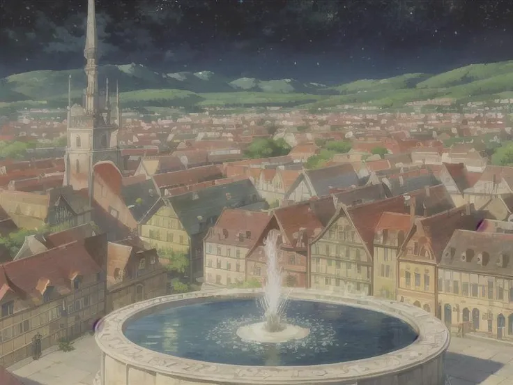 best quality, masterpiece, illustration, ultra-detailed, <lora:howlbgsv3:1>, afternoon, town, many people, (town fountain square:1.1) in the middle of the city can be seen in all directions and (wide open round courtyard:1.1), white natural stone walkway lined with houses, beautiful detailed starry sky