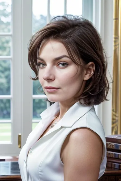(RAW, analogue, Nikon Z 14mm ultra-wide angle lens, award-winning glamour photograph, ((best quality)), ((masterpiece)), ((realistic)), skin pores, subsurface scattering, radiant light rays, high-res, detailed facial features, high detail, sharp focus, smooth, aesthetic, extremely detailed, (extremely detailed eyes, extremely detailed iris), extremely detailed hair, extremely detailed skin, extremely detailed clothes, octane render, photorealistic, realistic, post-processing, max detail, realistic shadows, roughness, natural skin texture, real life, ultra-realistic, photorealism, photography, 8k UHD, photography, hdr, intricate, elegant, highly detailed, sharp focus, stunning, beautiful, gorgeous), (photorealistic), (realistic), 5314w4rd in a suit, standing in front of a desk, full body, short brown hair, brown eyes, indoors, oval office, white house, windows, upper body, morning, bright, photorealistic, realistic, detailed eyes, intricate face, high contrast, <lora:Sela_Ward_PMv1a_Lora-000010:1.3>,