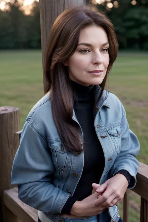 (RAW, analogue, Nikon Z 14mm ultra-wide angle lens, award-winning glamour photograph, ((best quality)), ((masterpiece)), ((realistic)), skin pores, subsurface scattering, radiant light rays, high-res, detailed facial features, high detail, sharp focus, smooth, aesthetic, extremely detailed, (extremely detailed eyes, extremely detailed iris), extremely detailed hair, extremely detailed skin, extremely detailed clothes, octane render, photorealistic, realistic, post-processing, max detail, realistic shadows, roughness, natural skin texture, real life, ultra-realistic, photorealism, photography, 8k UHD, photography, hdr, intricate, elegant, highly detailed, sharp focus, stunning, beautiful, gorgeous), (photorealistic), (realistic), 5314w4rd, full body, brown hair, brown eyes, (denim jacket:1.3), (black turtleneck sweater:1.1), jeans, lips, outdoors, on a ranch, leaning on a wooden post, looking at viewer, upper body, morning, bright, <lora:Sela_Ward_PMv1_Lora:1.3>,