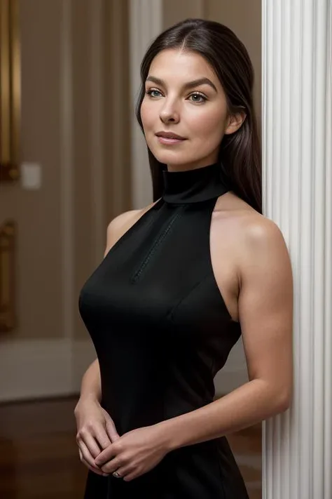 (RAW, analogue, Nikon Z 14mm ultra-wide angle lens, award-winning glamour photograph, ((best quality)), ((masterpiece)), ((realistic)), skin pores, subsurface scattering, radiant light rays, high-res, detailed facial features, high detail, sharp focus, smooth, aesthetic, extremely detailed, (extremely detailed eyes, extremely detailed iris), extremely detailed hair, extremely detailed skin, extremely detailed clothes, octane render, photorealistic, realistic, post-processing, max detail, realistic shadows, roughness, natural skin texture, real life, ultra-realistic, photorealism, photography, 8k UHD, photography, hdr, intricate, elegant, highly detailed, sharp focus, stunning, beautiful, gorgeous), (photorealistic), (realistic), 5314w4rdas a popular girl, long brown hair, (wearing a high neck sleeveless black dress:1.3), full body, indoors, walking down stairs in a house, evening, <lora:Sela_Ward_PMv1_Lora:1.3>,, high quality photography, 3 point lighting, flash with softbox, 4k, Canon EOS R3, hdr, smooth, sharp focus, high resolution, award winning photo, 80mm, f2.8, bokeh, ((Full-Body Shot))