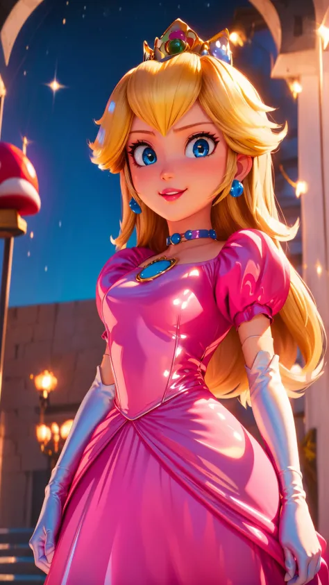 highres,bright,beautiful light,masterpiece,perfect lighting,bloom,cinematic lighting,cowboy shot,adult,choker,blue eyes,sensual,mushrooms,mushroom kingdom,(day:1.3),looking at viewer,(PrincessPeach),female,skinny,<lora:mpeachv6:0.8>,smile,pursed lips,((glossy lips)),narrow waist,perfect skin,detailed eyes,pink lips,shiny,oily skin,glossy skin,shiny clothes,