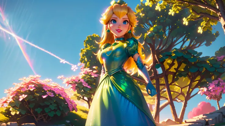 <lora:mpeachv6:0.8>,highres,perfect lighting,beautiful light,cinematic lighting,bloom:0.7,high detailed,day,(st patricks day:1.2),official art,best quality,bokeh,outdoors,village,town,masterpiece,colorful:0.8,dynamic angle,standing,adult,blonde hair,female,blue eyes,skinny,smile,(PrincessPeach),(green tophat),(glossy lips),pink lips,pursed lips,green dress,shiny clothes,oily skin,glossy skin,perfect skin,narrow waist,sensual,detailed eyes,(4 leaf clover),choker,shiny,green,fashion photography,cute,intense long hair,in dynamic pose,light passing through hair,cowboy shot,looking at viewer,full body,