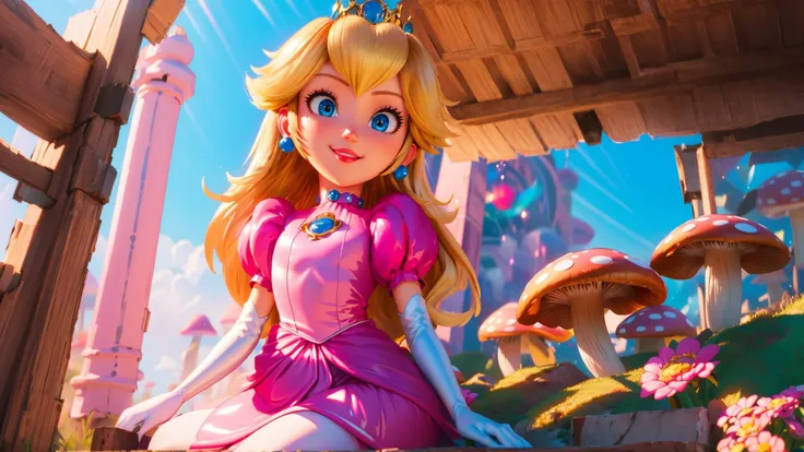 highres,bright,beautiful light,masterpiece,perfect lighting,bloom,cinematic lighting,cowboy shot,adult,choker,blue eyes,sensual,mushrooms,mushroom kingdom,(day:1.3),looking at viewer,(PrincessPeach),female,skinny,<lora:mpeachv6:0.8>,smile,pursed lips,((glossy lips)),narrow waist,perfect skin,detailed eyes,pink lips,shiny,oily skin,glossy skin,shiny clothes,