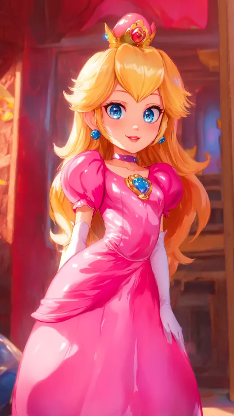 highres,bright,beautiful light,masterpiece,perfect lighting,bloom,cinematic lighting,cowboy shot,adult,choker,blue eyes,sensual,mushrooms,mushroom kingdom,(day:1.3),looking at viewer,(PrincessPeach),female,skinny,<lora:mpeachv6:0.8>,smile,pursed lips,((glossy lips)),narrow waist,perfect skin,detailed eyes,pink lips,shiny,oily skin,glossy skin,shiny clothes,