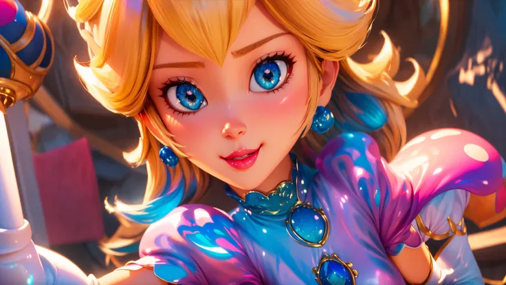 highres,bright,beautiful light,masterpiece,perfect lighting,bloom,cinematic lighting,cowboy shot,adult,choker,blue eyes,sensual,mushrooms,mushroom kingdom,(day:1.3),looking at viewer,(PrincessPeach),female,skinny,<lora:mpeachv6:0.8>,smile,pursed lips,((glossy lips)),narrow waist,perfect skin,detailed eyes,pink lips,shiny,oily skin,glossy skin,shiny clothes,