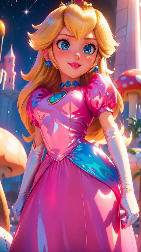 highres,bright,beautiful light,masterpiece,perfect lighting,bloom,cinematic lighting,cowboy shot,adult,choker,blue eyes,sensual,mushrooms,mushroom kingdom,(day:1.3),looking at viewer,(PrincessPeach),female,skinny,<lora:mpeachv6:0.8>,smile,pursed lips,((glossy lips)),narrow waist,perfect skin,detailed eyes,pink lips,shiny,oily skin,glossy skin,shiny clothes,