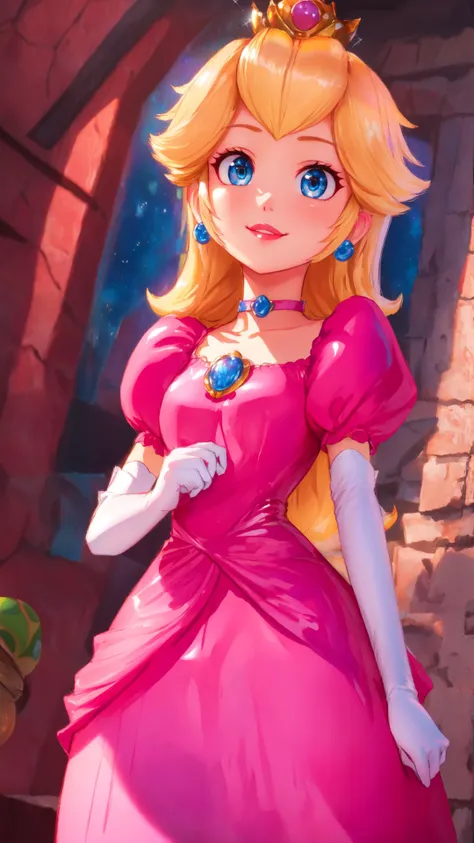 highres,bright,beautiful light,masterpiece,perfect lighting,bloom,cinematic lighting,cowboy shot,adult,choker,blue eyes,sensual,mushrooms,mushroom kingdom,(day:1.3),looking at viewer,(PrincessPeach),female,skinny,<lora:mpeachv6:0.8>,smile,pursed lips,((glossy lips)),narrow waist,perfect skin,detailed eyes,pink lips,shiny,oily skin,glossy skin,shiny clothes,