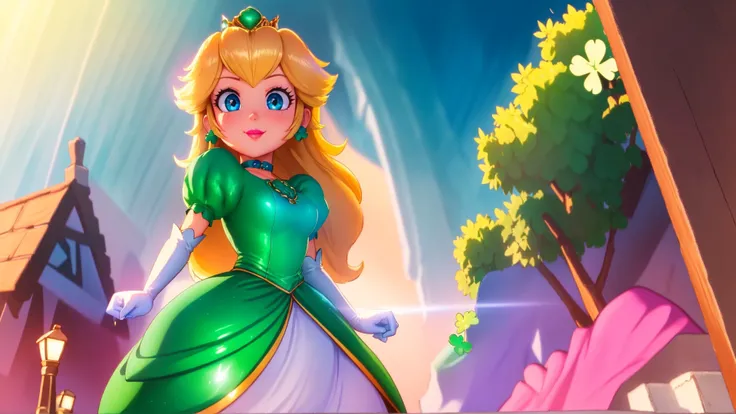 <lora:mpeachv6:0.8>,highres,perfect lighting,beautiful light,cinematic lighting,bloom:0.7,high detailed,day,(st patricks day:1.2),official art,best quality,bokeh,outdoors,village,town,masterpiece,colorful:0.8,dynamic angle,standing,adult,blonde hair,female,blue eyes,skinny,smile,(PrincessPeach),(green tophat),(glossy lips),pink lips,pursed lips,green dress,shiny clothes,oily skin,glossy skin,perfect skin,narrow waist,sensual,detailed eyes,(4 leaf clover),choker,shiny,green,fashion photography,cute,intense long hair,in dynamic pose,light passing through hair,cowboy shot,looking at viewer,full body,