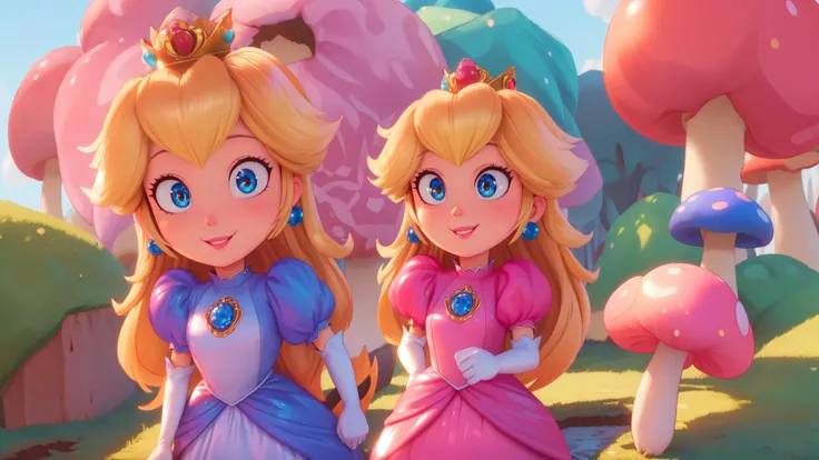 highres,bright,beautiful light,masterpiece,perfect lighting,bloom,cinematic lighting,cowboy shot,adult,choker,blue eyes,sensual,mushrooms,mushroom kingdom,(day:1.3),looking at viewer,(PrincessPeach),female,skinny,<lora:mpeachv6:0.8>,smile,pursed lips,((glossy lips)),narrow waist,perfect skin,detailed eyes,pink lips,shiny,oily skin,glossy skin,shiny clothes,standing,high heels,