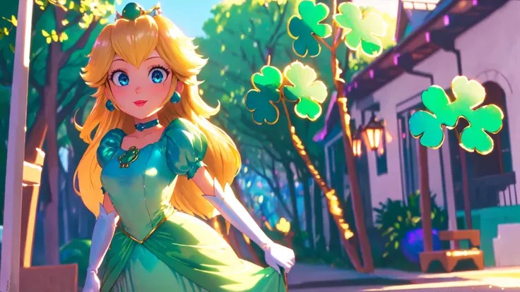 <lora:mpeachv6:0.8>,highres,perfect lighting,beautiful light,cinematic lighting,bloom:0.7,high detailed,day,(st patricks day:1.2),official art,best quality,bokeh,outdoors,village,town,masterpiece,colorful:0.8,dynamic angle,standing,adult,blonde hair,female,blue eyes,skinny,smile,(PrincessPeach),(green tophat),(glossy lips),pink lips,pursed lips,green dress,shiny clothes,oily skin,glossy skin,perfect skin,narrow waist,sensual,detailed eyes,(4 leaf clover),choker,shiny,green,fashion photography,cute,intense long hair,in dynamic pose,light passing through hair,cowboy shot,looking at viewer,full body,