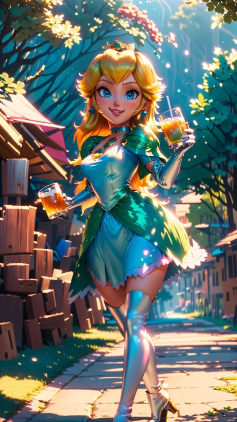 <lora:ShamrockWorld-10:0.9>,ShamrockWorld,<lora:mpeachv6:0.8>,highres,light particles,perfect lighting,beautiful light,cinematic lighting,bloom:0.7,high detailed,day,official art,best quality,bokeh,outdoors,village,town,masterpiece,colorful:0.8,dynamic pose,dynamic angle,standing,adult,blonde hair,female,blue eyes,skinny,smile,(PrincessPeach),hat,fedora,green headwear,clover,glossy lips,pink lips,pursed lips,green dress,shiny clothes,oily skin,glossy skin,perfect skin,narrow waist,sensual,detailed eyes,choker,shiny,four-leaf clover,green,fashion photography,cute,intense long hair,light passing through hair,looking at viewer,full body,holding,holding mug,alcohol,hat feather,green capelet,