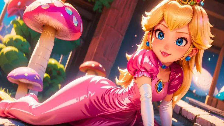highres,bright,beautiful light,masterpiece,perfect lighting,bloom,cinematic lighting,cowboy shot,adult,choker,blue eyes,sensual,mushrooms,mushroom kingdom,(day:1.3),looking at viewer,(PrincessPeach),female,skinny,<lora:mpeachv6:0.8>,smile,pursed lips,((glossy lips)),narrow waist,perfect skin,detailed eyes,pink lips,shiny,oily skin,glossy skin,shiny clothes,