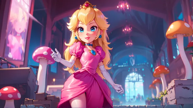 highres,bright,beautiful light,masterpiece,perfect lighting,bloom,cinematic lighting,cowboy shot,adult,choker,blue eyes,sensual,mushrooms,mushroom kingdom,(day:1.3) BREAK looking at viewer,<lora:mpeachv6:0.8>,(PrincessPeach),female,skinny,smile,pursed lips,((glossy lips)),narrow waist,perfect skin,detailed eyes,skin tight,pink lips,pink pumps,shiny,oily skin,glossy skin,standing,