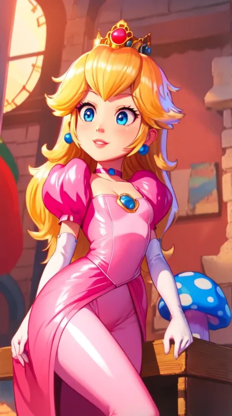 highres,bright,beautiful light,masterpiece,perfect lighting,bloom,cinematic lighting,cowboy shot,adult,choker,blue eyes,sensual,mushrooms,mushroom kingdom,(day:1.3),looking at viewer,(princesspeach:1.1),female,skinny,<lora:mpeachv6:0.8>,smile,pursed lips,(glossy lips:1.21),narrow waist,perfect skin,detailed eyes,(skin tight:1.1),pink lips,pink pumps,shiny,oily skin,glossy skin,