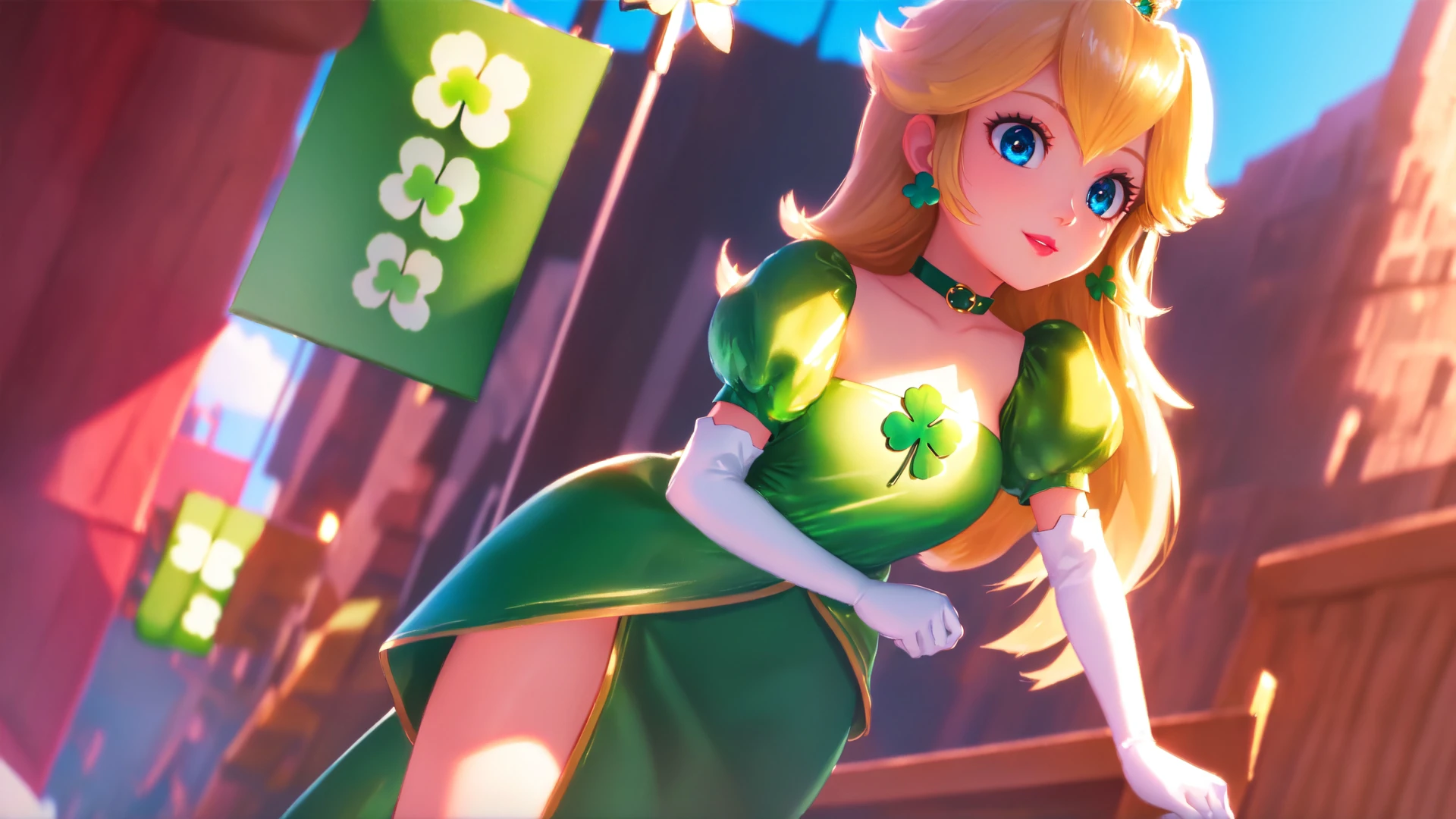 <lora:mpeachv6:0.8>,highres,perfect lighting,beautiful light,cinematic lighting,bloom:0.7,high detailed,day,(st patricks day:1.2),official art,best quality,bokeh,outdoors,village,town,masterpiece,colorful:0.8,dynamic angle,standing,adult,blonde hair,female,blue eyes,skinny,smile,(PrincessPeach),(green tophat),(glossy lips),pink lips,pursed lips,green dress,shiny clothes,oily skin,glossy skin,perfect skin,narrow waist,sensual,detailed eyes,(4 leaf clover),choker,shiny,green,fashion photography,cute,intense long hair,in dynamic pose,light passing through hair,cowboy shot,looking at viewer,full body,