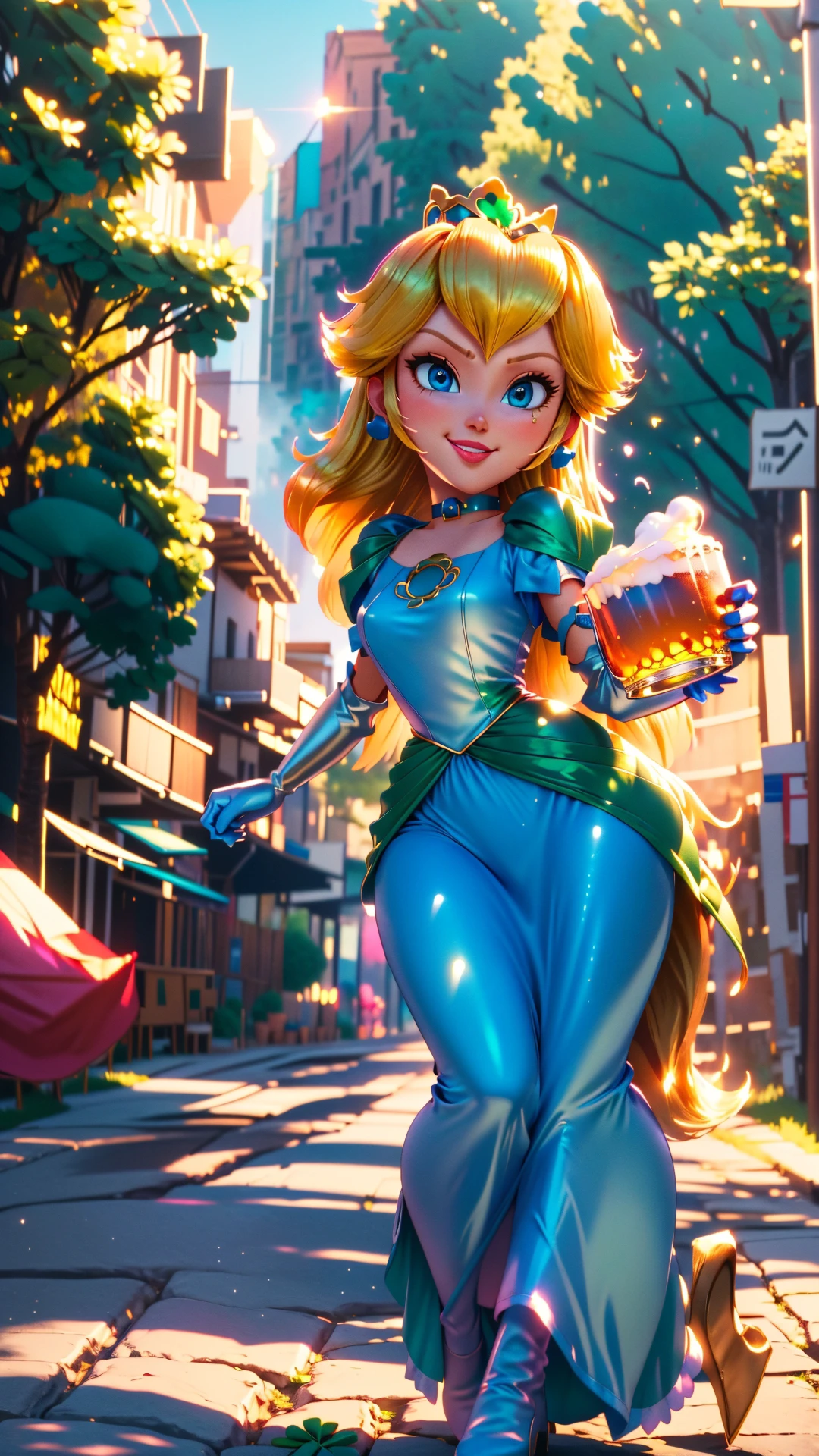 <lora:ShamrockWorld-10:0.9>,ShamrockWorld,<lora:mpeachv6:0.8>,highres,light particles,perfect lighting,beautiful light,cinematic lighting,bloom:0.7,high detailed,day,official art,best quality,bokeh,outdoors,village,town,masterpiece,colorful:0.8,dynamic pose,dynamic angle,standing,adult,blonde hair,female,blue eyes,skinny,smile,(PrincessPeach),hat,fedora,green headwear,clover,glossy lips,pink lips,pursed lips,green dress,shiny clothes,oily skin,glossy skin,perfect skin,narrow waist,sensual,detailed eyes,choker,shiny,four-leaf clover,green,fashion photography,cute,intense long hair,light passing through hair,looking at viewer,full body,holding,holding mug,alcohol,hat feather,green capelet,