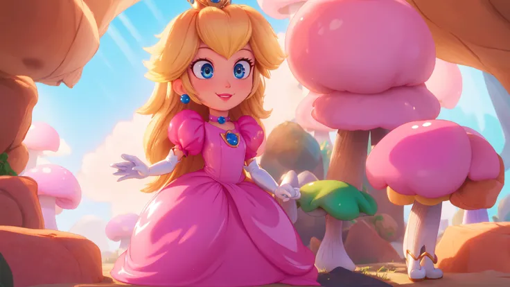 highres,bright,beautiful light,masterpiece,perfect lighting,bloom,cinematic lighting,cowboy shot,adult,choker,blue eyes,sensual,mushrooms,mushroom kingdom,(day:1.3),looking at viewer,(PrincessPeach),female,skinny,<lora:mpeachv6:0.8>,smile,pursed lips,((glossy lips)),narrow waist,perfect skin,detailed eyes,pink lips,shiny,oily skin,glossy skin,shiny clothes,standing,high heels,