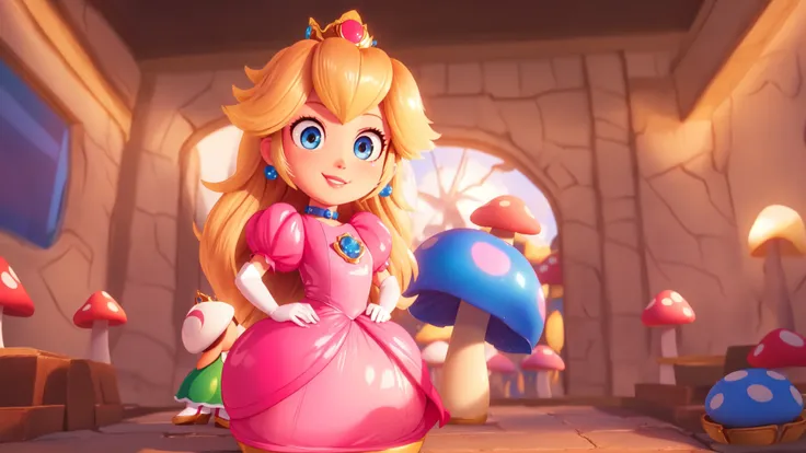 highres,bright,beautiful light,masterpiece,perfect lighting,bloom,cinematic lighting,cowboy shot,adult,choker,blue eyes,sensual,mushrooms,mushroom kingdom,(day:1.3),looking at viewer,(PrincessPeach),female,skinny,<lora:mpeachv6:0.8>,smile,pursed lips,((glossy lips)),narrow waist,perfect skin,detailed eyes,pink lips,shiny,oily skin,glossy skin,shiny clothes,standing,high heels,