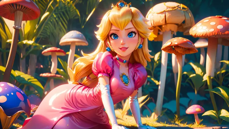 highres,bright,beautiful light,masterpiece,perfect lighting,bloom,cinematic lighting,cowboy shot,adult,choker,blue eyes,sensual,mushrooms,mushroom kingdom,(day:1.3),looking at viewer,(PrincessPeach),female,skinny,<lora:mpeachv6:0.8>,smile,pursed lips,((glossy lips)),narrow waist,perfect skin,detailed eyes,pink lips,shiny,oily skin,glossy skin,shiny clothes,