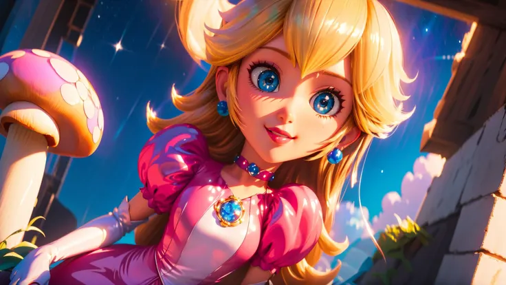 highres,bright,beautiful light,masterpiece,perfect lighting,bloom,cinematic lighting,cowboy shot,adult,choker,blue eyes,sensual,mushrooms,mushroom kingdom,(day:1.3),looking at viewer,(PrincessPeach),female,skinny,<lora:mpeachv6:0.8>,smile,pursed lips,((glossy lips)),narrow waist,perfect skin,detailed eyes,pink lips,shiny,oily skin,glossy skin,shiny clothes,