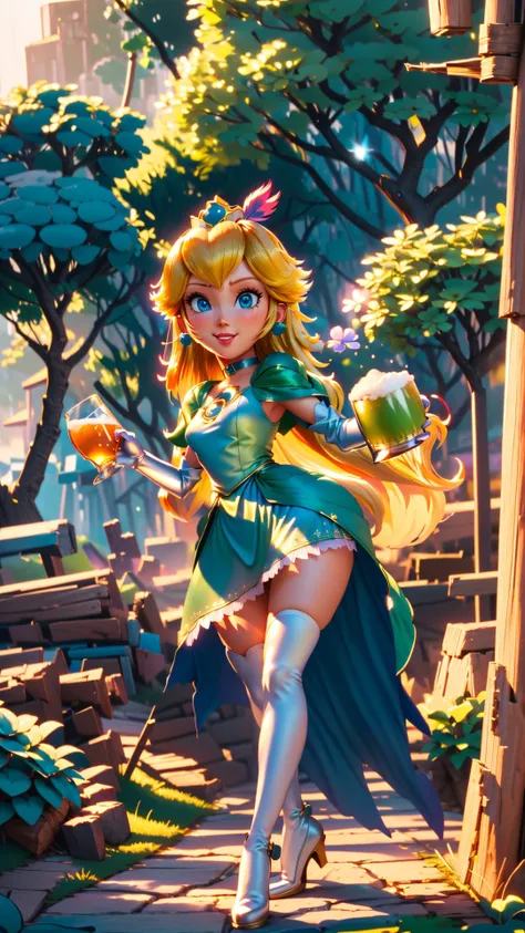 <lora:ShamrockWorld-10:0.9>,ShamrockWorld,<lora:mpeachv6:0.8>,highres,light particles,perfect lighting,beautiful light,cinematic lighting,bloom:0.7,high detailed,day,official art,best quality,bokeh,outdoors,village,town,masterpiece,colorful:0.8,dynamic pose,dynamic angle,standing,adult,blonde hair,female,blue eyes,skinny,smile,(PrincessPeach),hat,fedora,green headwear,clover,glossy lips,pink lips,pursed lips,green dress,shiny clothes,oily skin,glossy skin,perfect skin,narrow waist,sensual,detailed eyes,choker,shiny,four-leaf clover,green,fashion photography,cute,intense long hair,light passing through hair,looking at viewer,full body,holding,holding mug,alcohol,hat feather,green capelet,