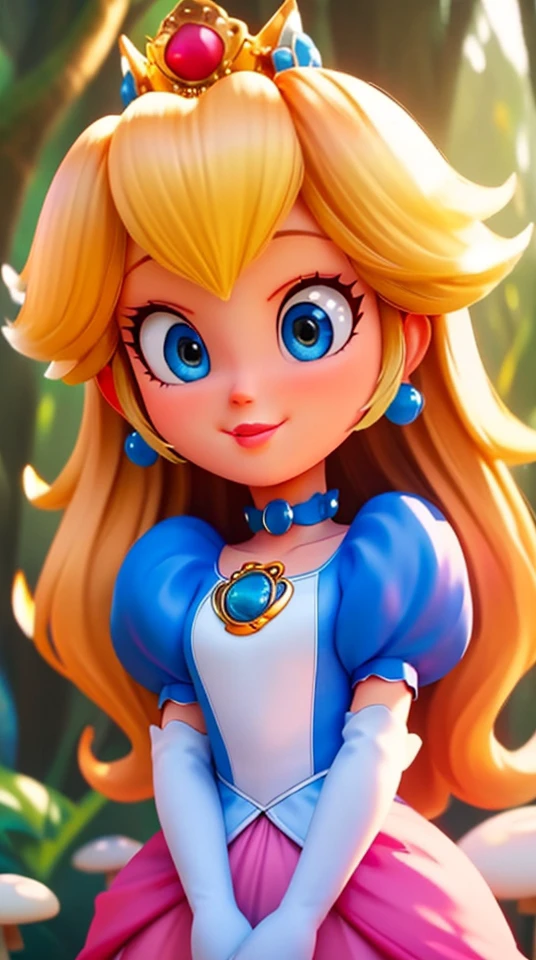 highres,bright,beautiful light,masterpiece,perfect lighting,bloom,cinematic lighting,cowboy shot,adult,choker,blue eyes,sensual,mushrooms,mushroom kingdom,(day:1.3),looking at viewer,(princesspeach:1.1),female,skinny,<lora:mpeachv6:0.8>,smile,pursed lips,(glossy lips:1.21),narrow waist,perfect skin,detailed eyes,(skin tight:1.1),pink lips,pink pumps,shiny,oily skin,glossy skin,