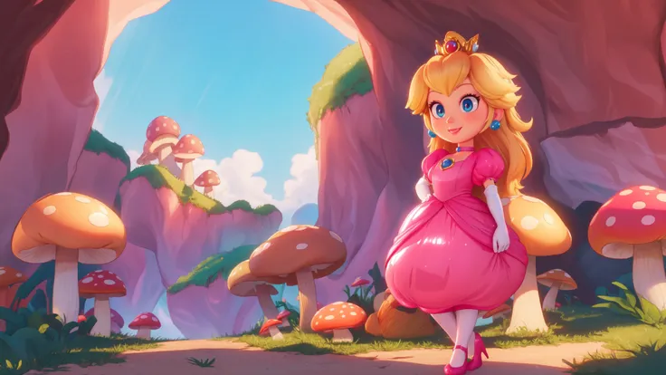 highres,bright,beautiful light,masterpiece,perfect lighting,bloom,cinematic lighting,cowboy shot,adult,choker,blue eyes,sensual,mushrooms,mushroom kingdom,(day:1.3),looking at viewer,(PrincessPeach),female,skinny,<lora:mpeachv6:0.8>,smile,pursed lips,((glossy lips)),narrow waist,perfect skin,detailed eyes,pink lips,shiny,oily skin,glossy skin,shiny clothes,standing,high heels,