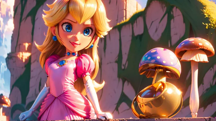 highres,bright,beautiful light,masterpiece,perfect lighting,bloom,cinematic lighting,cowboy shot,adult,choker,blue eyes,sensual,mushrooms,mushroom kingdom,(day:1.3),looking at viewer,(PrincessPeach),female,skinny,<lora:mpeachv6:0.8>,smile,pursed lips,((glossy lips)),narrow waist,perfect skin,detailed eyes,pink lips,shiny,oily skin,glossy skin,shiny clothes,