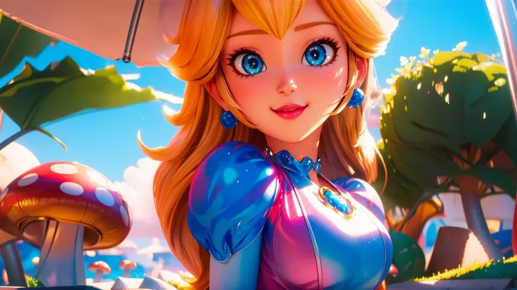 highres,bright,beautiful light,masterpiece,perfect lighting,bloom,cinematic lighting,cowboy shot,adult,choker,blue eyes,sensual,mushrooms,mushroom kingdom,(day:1.3),looking at viewer,(PrincessPeach),female,skinny,<lora:mpeachv6:0.8>,smile,pursed lips,((glossy lips)),narrow waist,perfect skin,detailed eyes,pink lips,shiny,oily skin,glossy skin,shiny clothes,