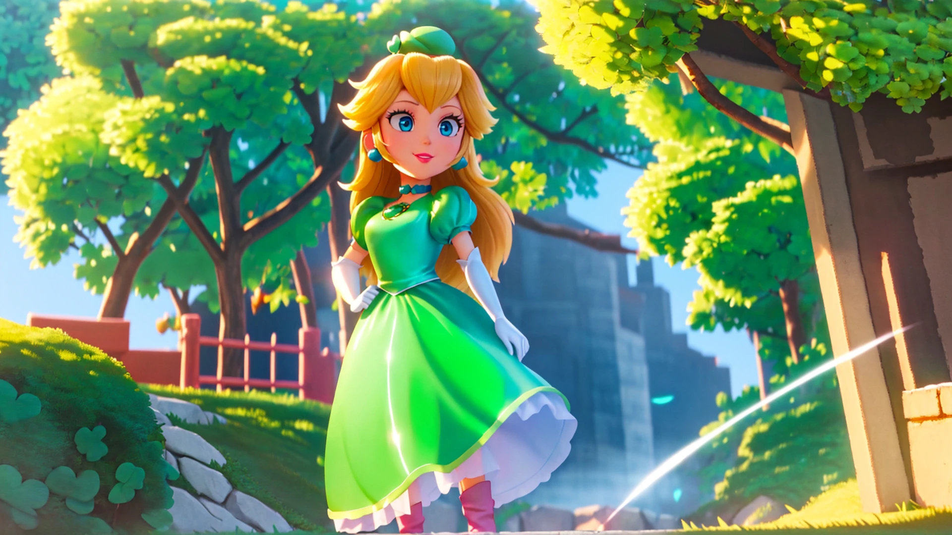 <lora:mpeachv6:0.8>,highres,perfect lighting,beautiful light,cinematic lighting,bloom:0.7,high detailed,day,(st patricks day:1.2),official art,best quality,bokeh,outdoors,village,town,masterpiece,colorful:0.8,dynamic angle,standing,adult,blonde hair,female,blue eyes,skinny,smile,(PrincessPeach),(green tophat),(glossy lips),pink lips,pursed lips,green dress,shiny clothes,oily skin,glossy skin,perfect skin,narrow waist,sensual,detailed eyes,(4 leaf clover),choker,shiny,green,fashion photography,cute,intense long hair,in dynamic pose,light passing through hair,cowboy shot,looking at viewer,full body,