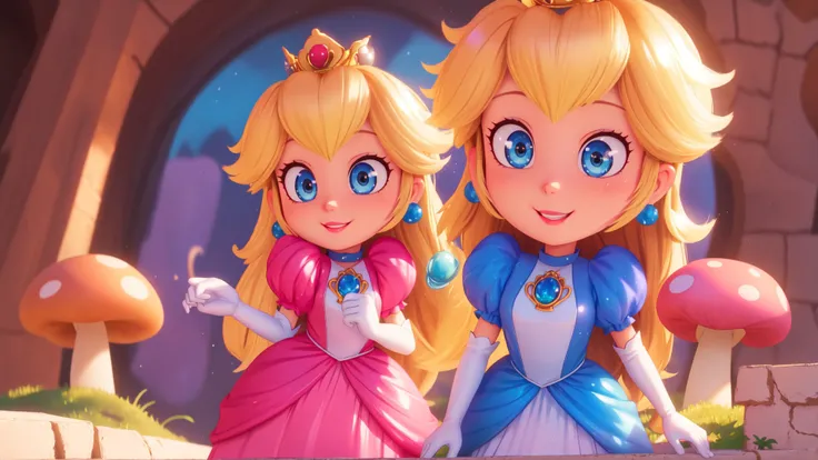 highres,bright,beautiful light,masterpiece,perfect lighting,bloom,cinematic lighting,cowboy shot,adult,choker,blue eyes,sensual,mushrooms,mushroom kingdom,(day:1.3),looking at viewer,(PrincessPeach),female,skinny,<lora:mpeachv6:0.8>,smile,pursed lips,((glossy lips)),narrow waist,perfect skin,detailed eyes,pink lips,shiny,oily skin,glossy skin,shiny clothes,standing,high heels,