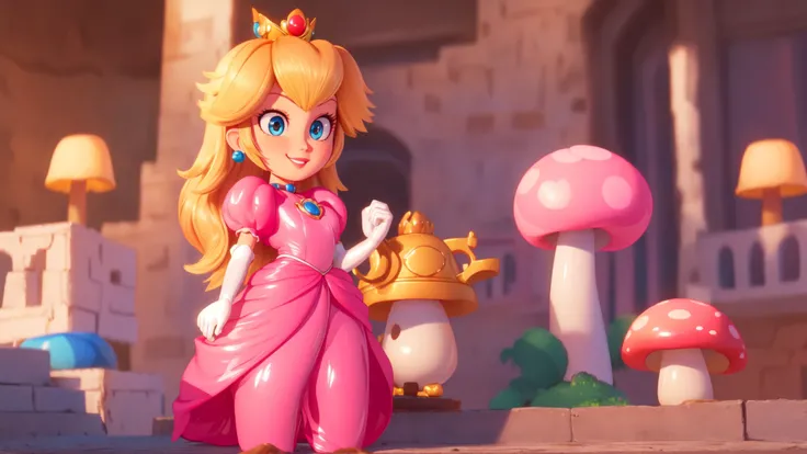 highres,bright,beautiful light,masterpiece,perfect lighting,bloom,cinematic lighting,cowboy shot,adult,choker,blue eyes,sensual,mushrooms,mushroom kingdom,(day:1.3),looking at viewer,(PrincessPeach),female,skinny,<lora:mpeachv6:0.8>,smile,pursed lips,((glossy lips)),narrow waist,perfect skin,detailed eyes,pink lips,shiny,oily skin,glossy skin,shiny clothes,standing,high heels,