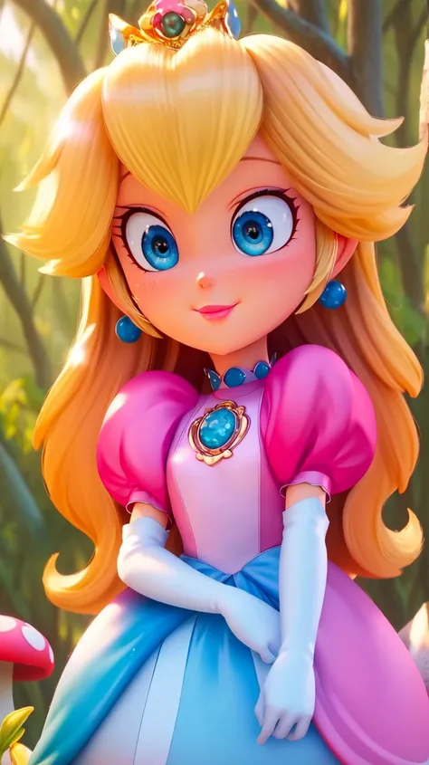 highres,bright,beautiful light,masterpiece,perfect lighting,bloom,cinematic lighting,cowboy shot,adult,choker,blue eyes,sensual,mushrooms,mushroom kingdom,(day:1.3),looking at viewer,(PrincessPeach),female,skinny,<lora:mpeachv6:0.8>,smile,pursed lips,((glossy lips)),narrow waist,perfect skin,detailed eyes,(skin tight:1.1),pink lips,pink pumps,shiny,oily skin,glossy skin,