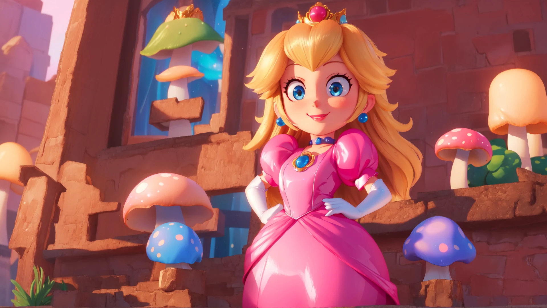 highres,bright,beautiful light,masterpiece,perfect lighting,bloom,cinematic lighting,cowboy shot,adult,choker,blue eyes,sensual,mushrooms,mushroom kingdom,(day:1.3),looking at viewer,(PrincessPeach),female,skinny,<lora:mpeachv6:0.8>,smile,pursed lips,((glossy lips)),narrow waist,perfect skin,detailed eyes,pink lips,shiny,oily skin,glossy skin,shiny clothes,standing,high heels,