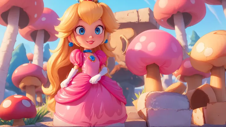 highres,masterpiece,bloom,perfect lighting,cinematic lighting,adult,perfect skin,female,cowboy shot,smile,narrow waist,skinny,(princesspeach:1.1),choker,detailled eyes,blue eyes,sensual,mushrooms,mushroom kingdom,pink lips,(glossy lips:1.21),pursed lips,pink pumps,glossy skin,oily skin,beautiful light,(day:1.3),bright,looking at viewer,pink dress,<lora:mpeachv3:0.8>,