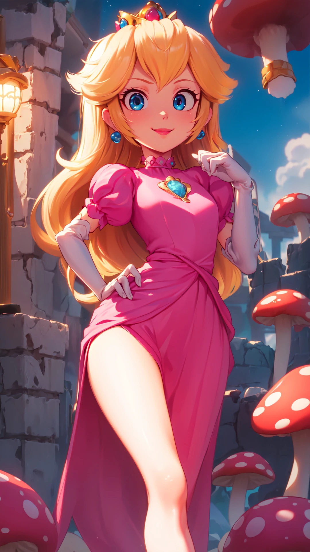highres,masterpiece,perfect lighting,bloom,cinematic lighting,adult,perfect skin,female,cowboy shot,smile,narrow waist,skinny,(PrincessPeach),(a pink transparent Princess Peach),choker,detailled eyes,blue eyes,choker,sensual,mushrooms,mushroom kingdom,pink lips,((glossy lips)),pursed lips,pink pumps,glossy skin,oily skin,beautiful light,(day:1.3),bright,looking at viewer,<lora:3DMM_V11:0.4>,<lora:mpeachv3:0.8>,