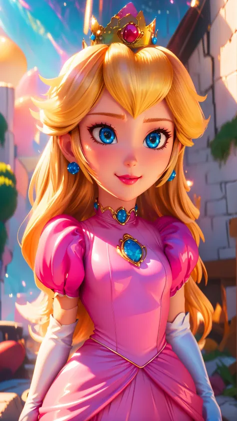 highres,bright,beautiful light,masterpiece,perfect lighting,bloom,cinematic lighting,cowboy shot,adult,choker,blue eyes,sensual,mushrooms,mushroom kingdom,(day:1.3),looking at viewer,(PrincessPeach),female,skinny,<lora:mpeachv6:0.8>,smile,pursed lips,((glossy lips)),narrow waist,perfect skin,detailed eyes,pink lips,shiny,oily skin,glossy skin,shiny clothes,princess peach,pink dress,crown,